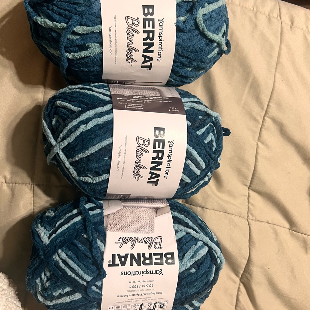 Three new 10.5 oz skeins of Bernat Blanket yarn. Teal Dreams is the color.